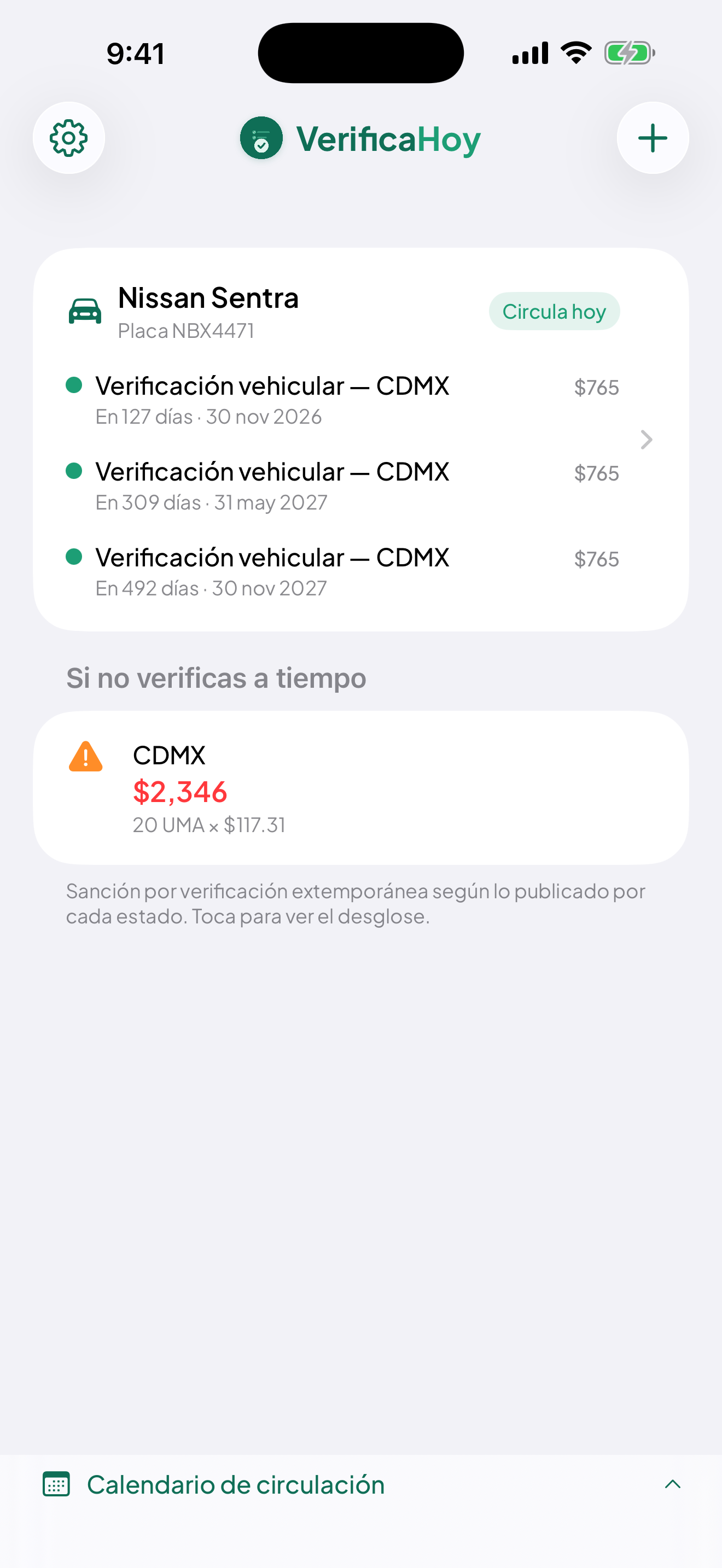 Pantalla principal de VerificaHoy con las próximas fechas de verificación, el costo de no verificar a tiempo y el acceso al calendario de circulación