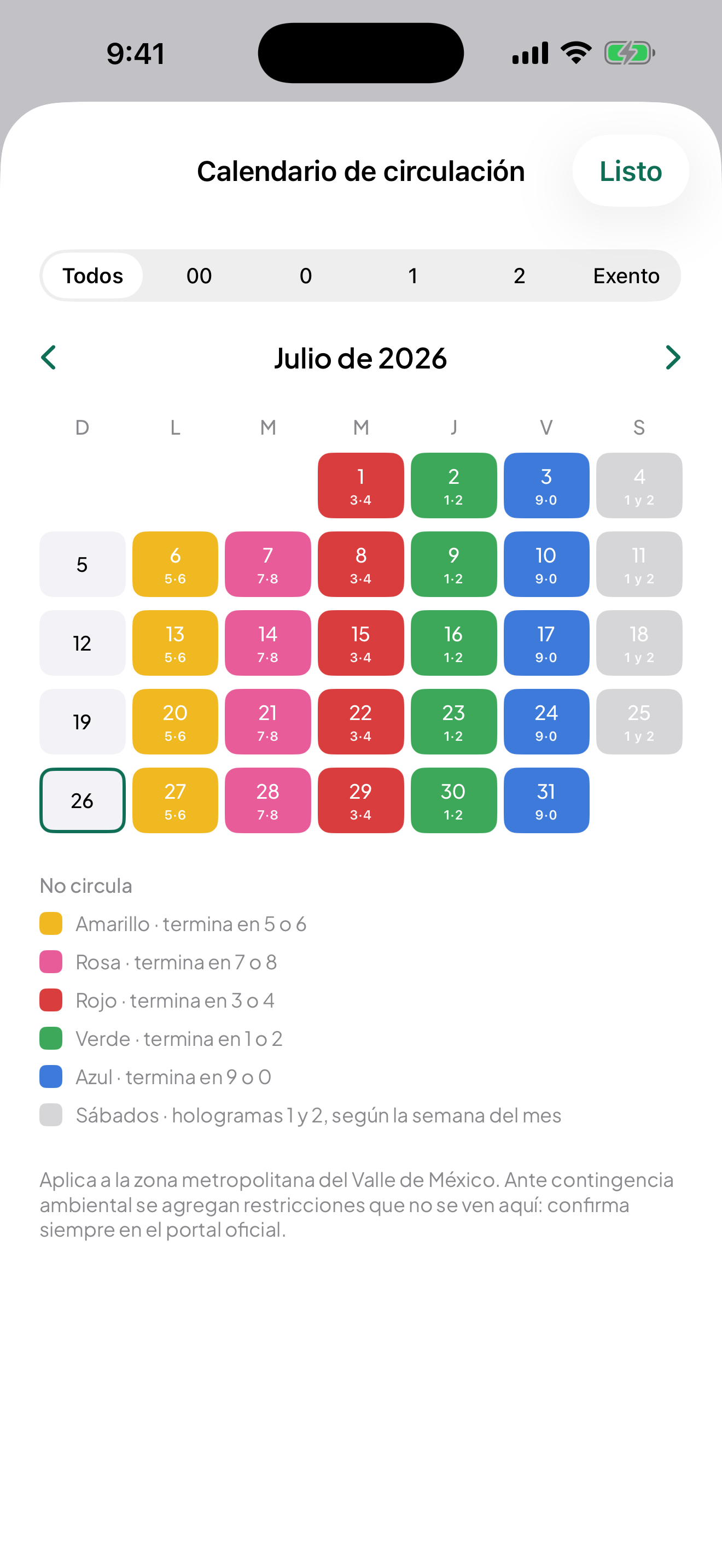 Calendario mensual de circulación con el color del engomado que descansa cada día